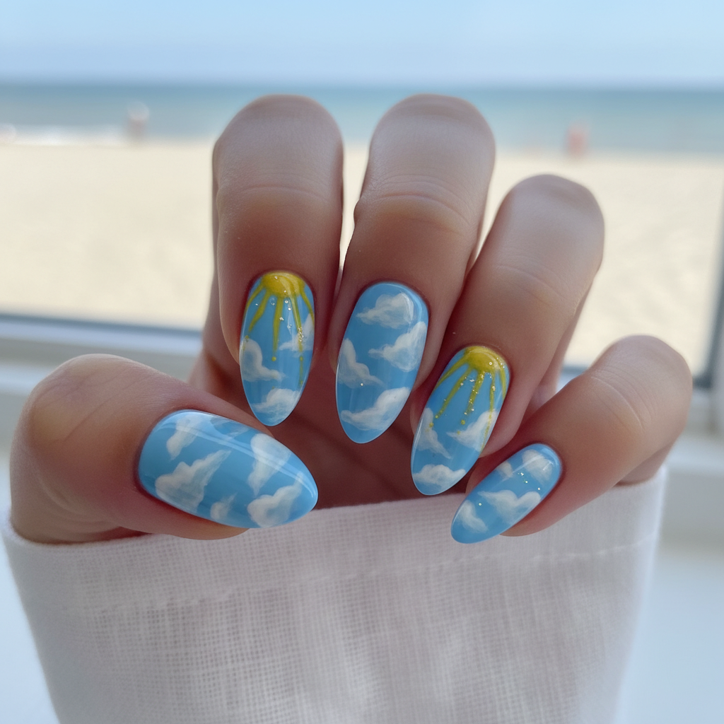 Summer Blue White Clouds Yellow Sun Summer Nails