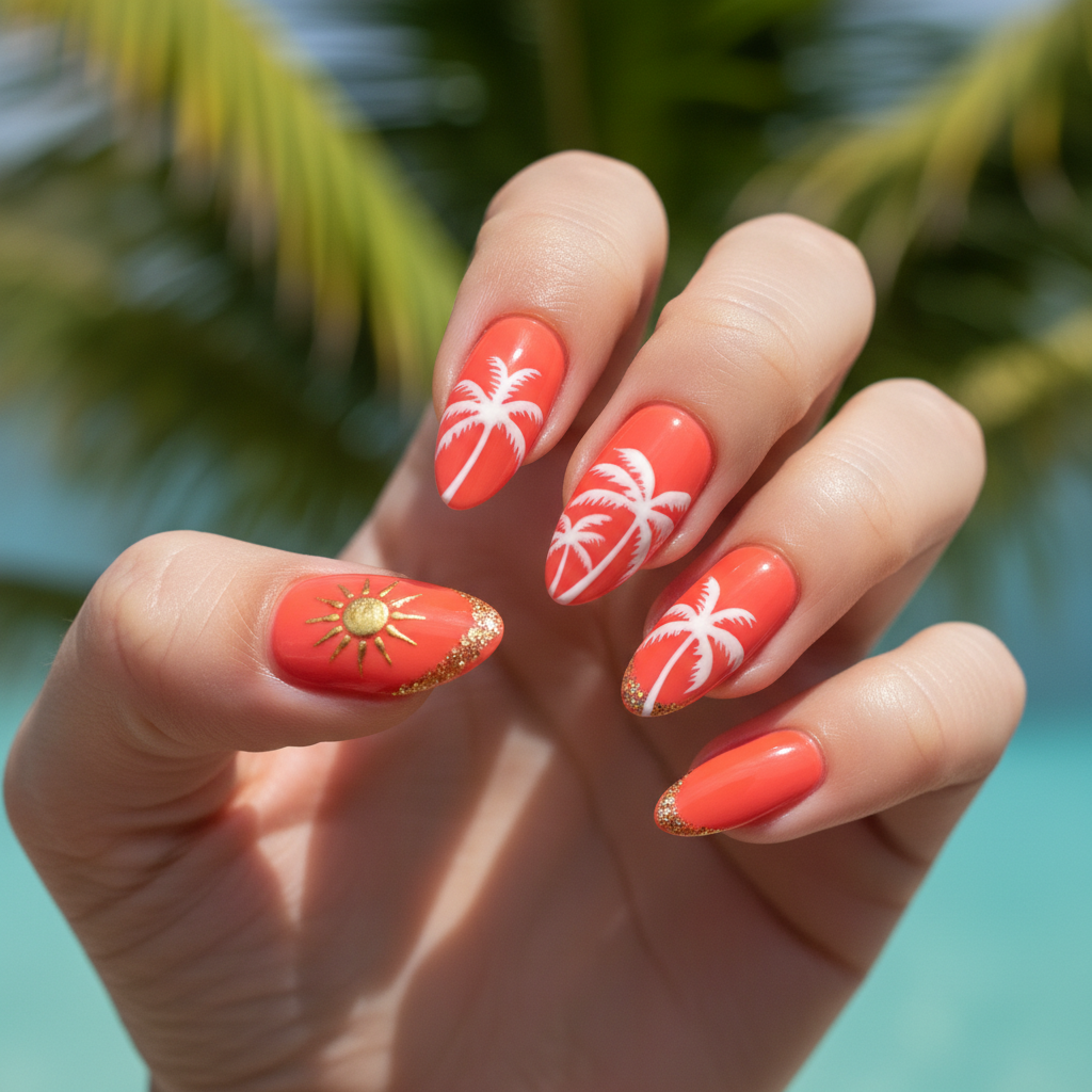 Bright Coral White Palm Trees Gold Summer Nails
