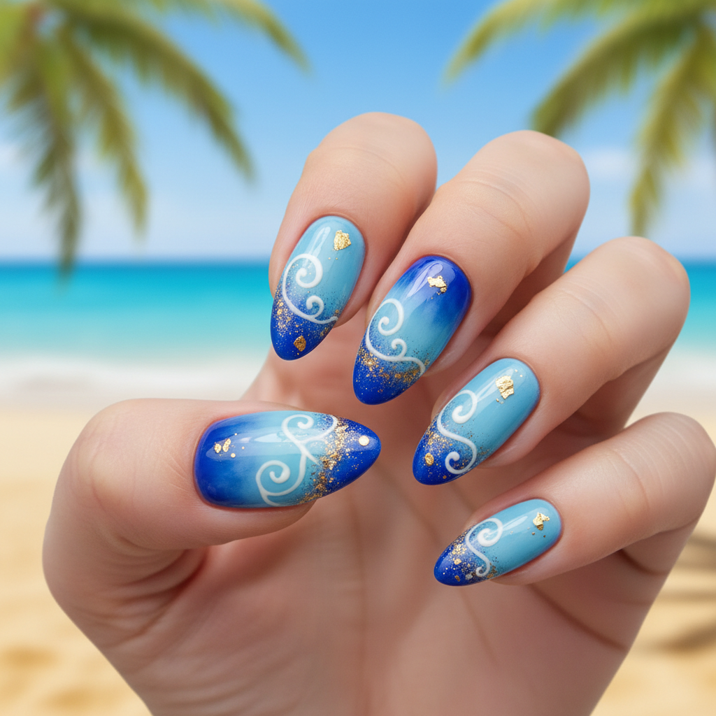 Beach Summer Blue Gradient White Waves Summer Nails