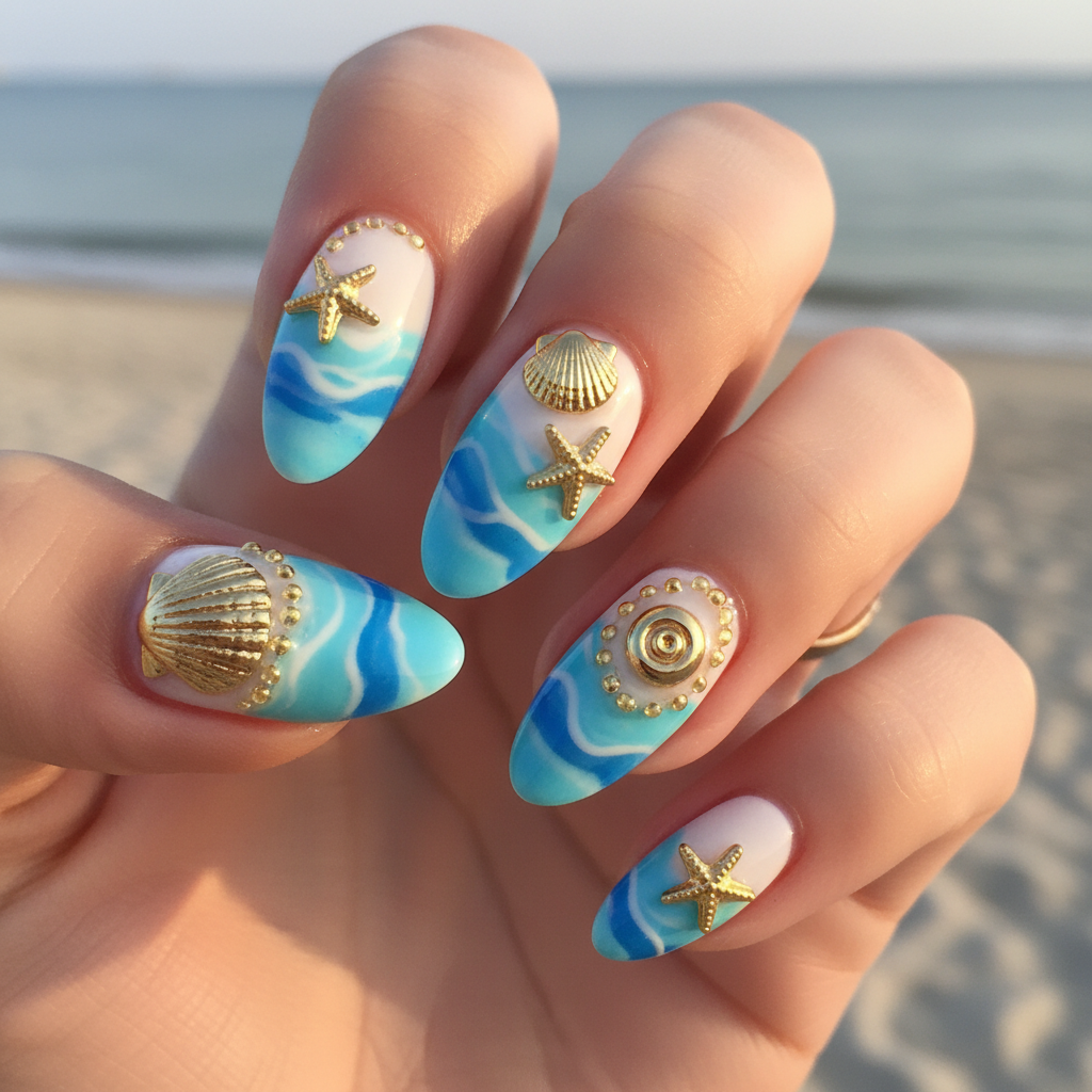 Beach Summer White Blue Waves Gold Summer Nails