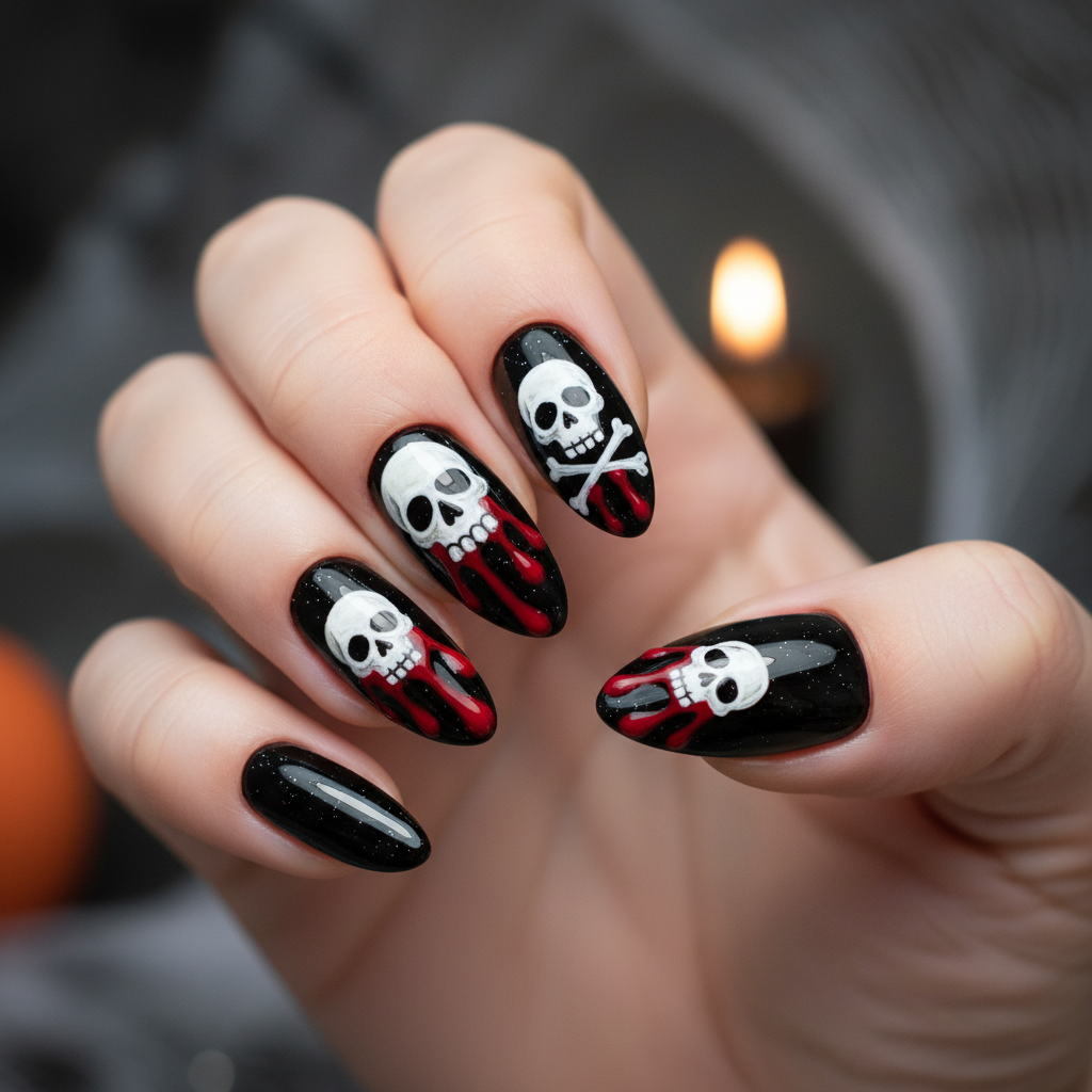 Halloween Black White Skulls Red Blood Halloween Nails