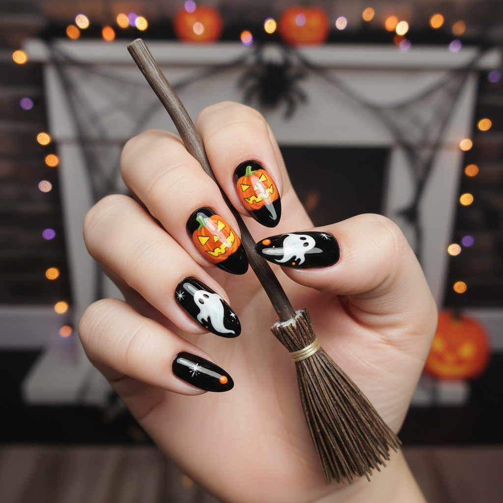 Black Orange Pumpkins White Ghost Silhouettes Halloween Nails