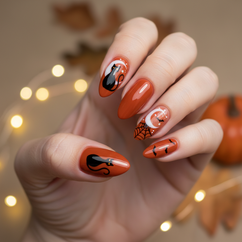 Festive Halloween Orange Black Cats White Halloween Nails