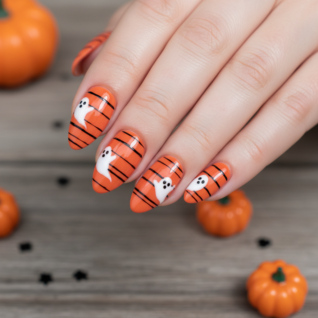 Orange Black Stripes White Ghosts Halloween Nails