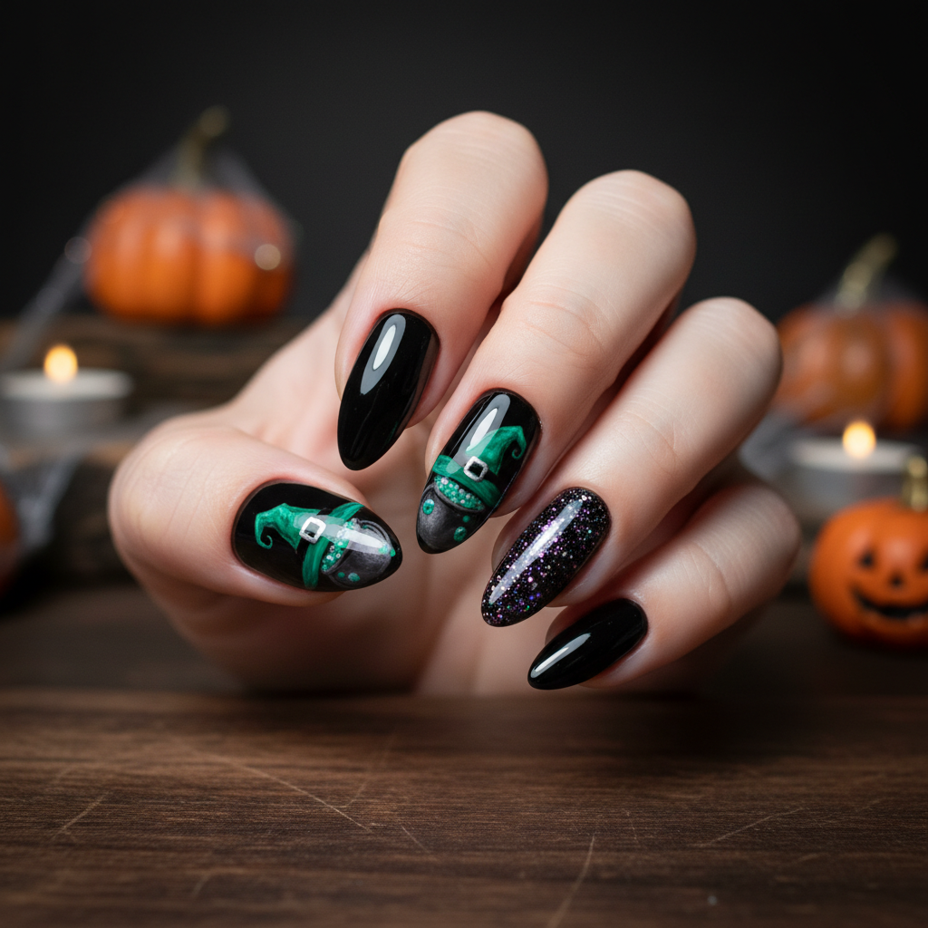 Black Green Witch Hats Purple Glitter Halloween Nails