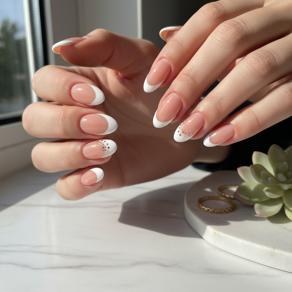 French Nude White Gold Dots French Nails