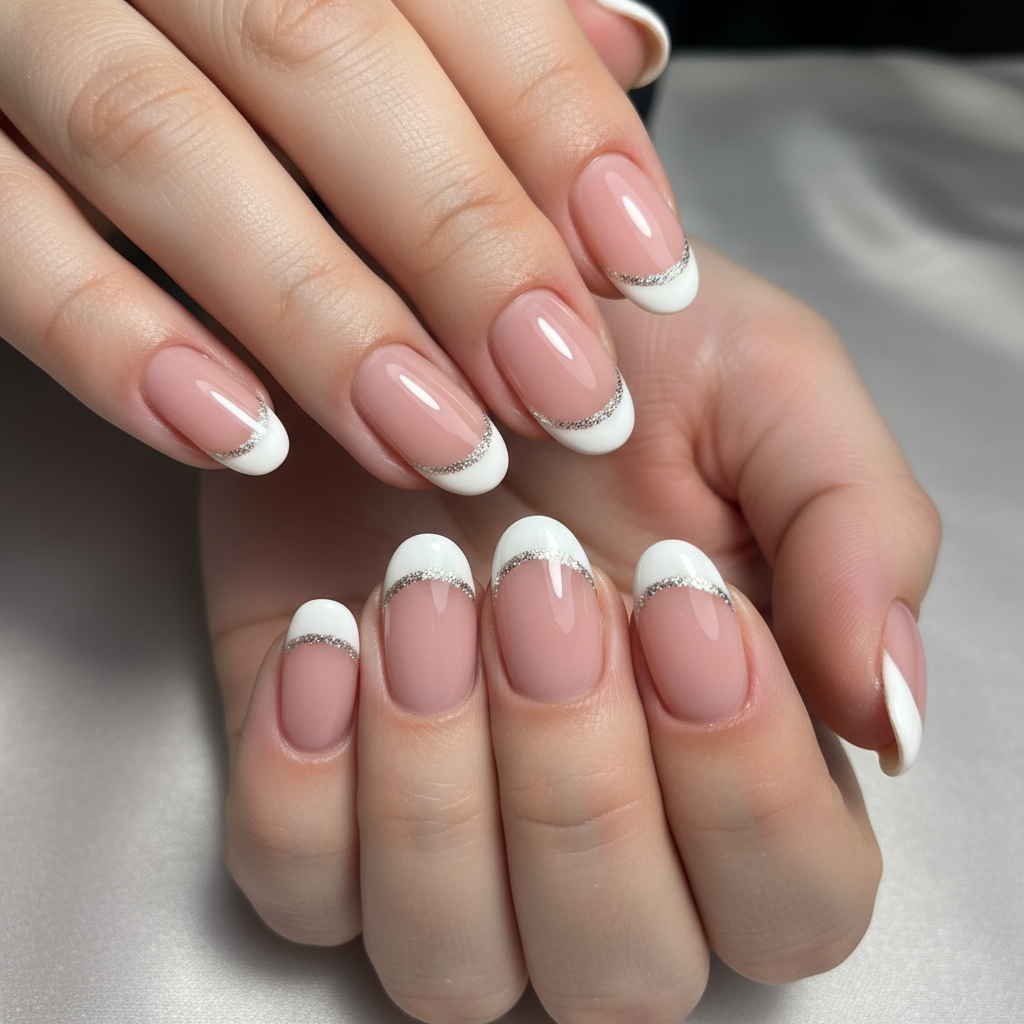 French Pink White Silver Glitter Line French Nails