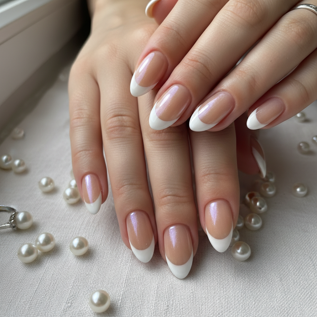 French Beige White Pearl French Nails