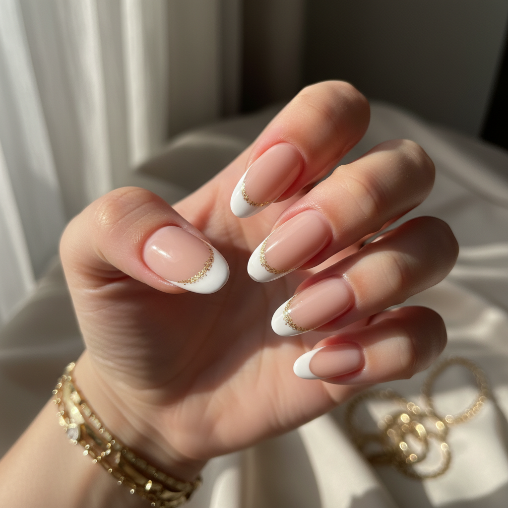 Nude White Gold Glitter French Nails