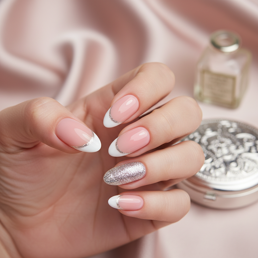 French Pink White Silver Glitter French Nails