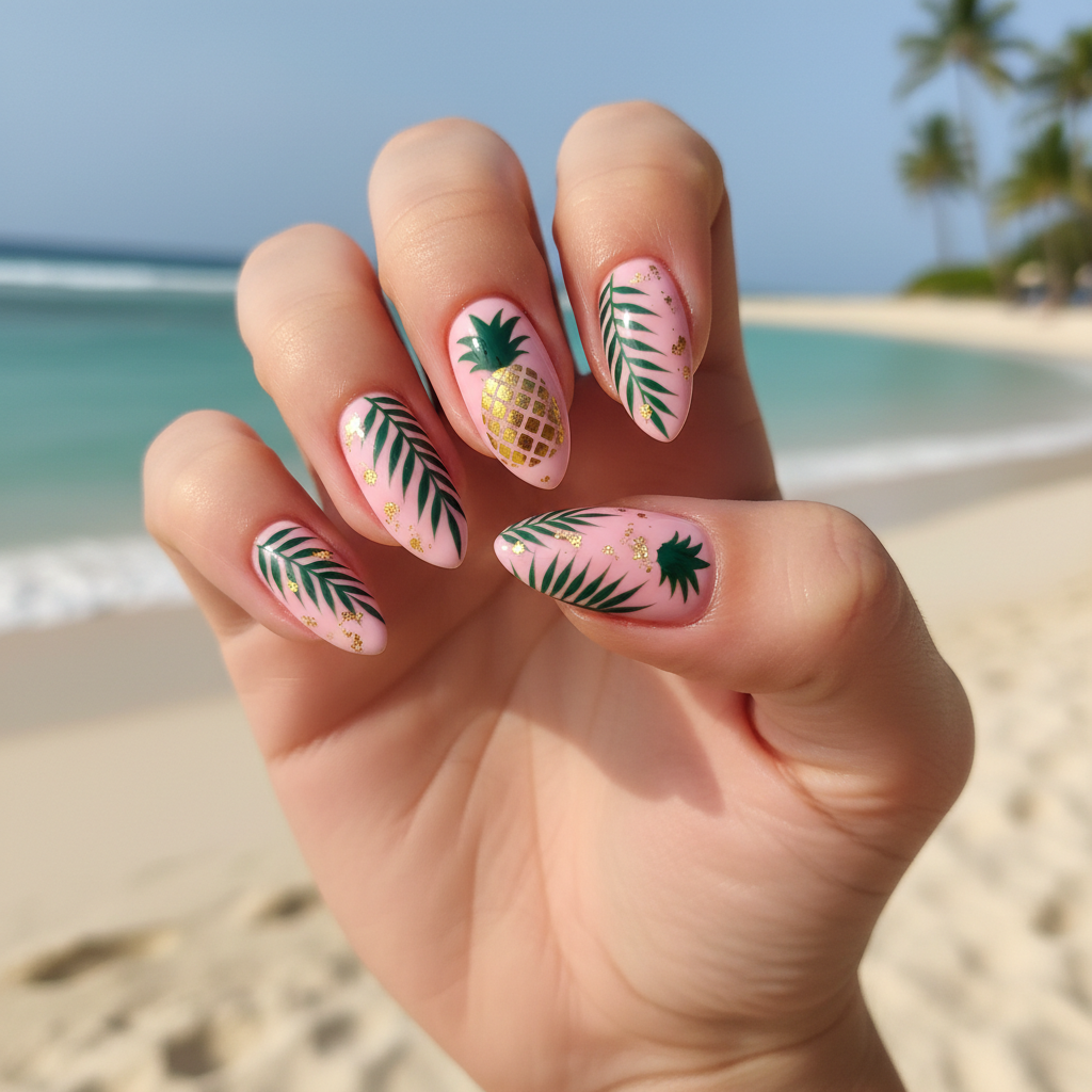 Tropical Summer Pink Green Palm Leaves Summer Nails