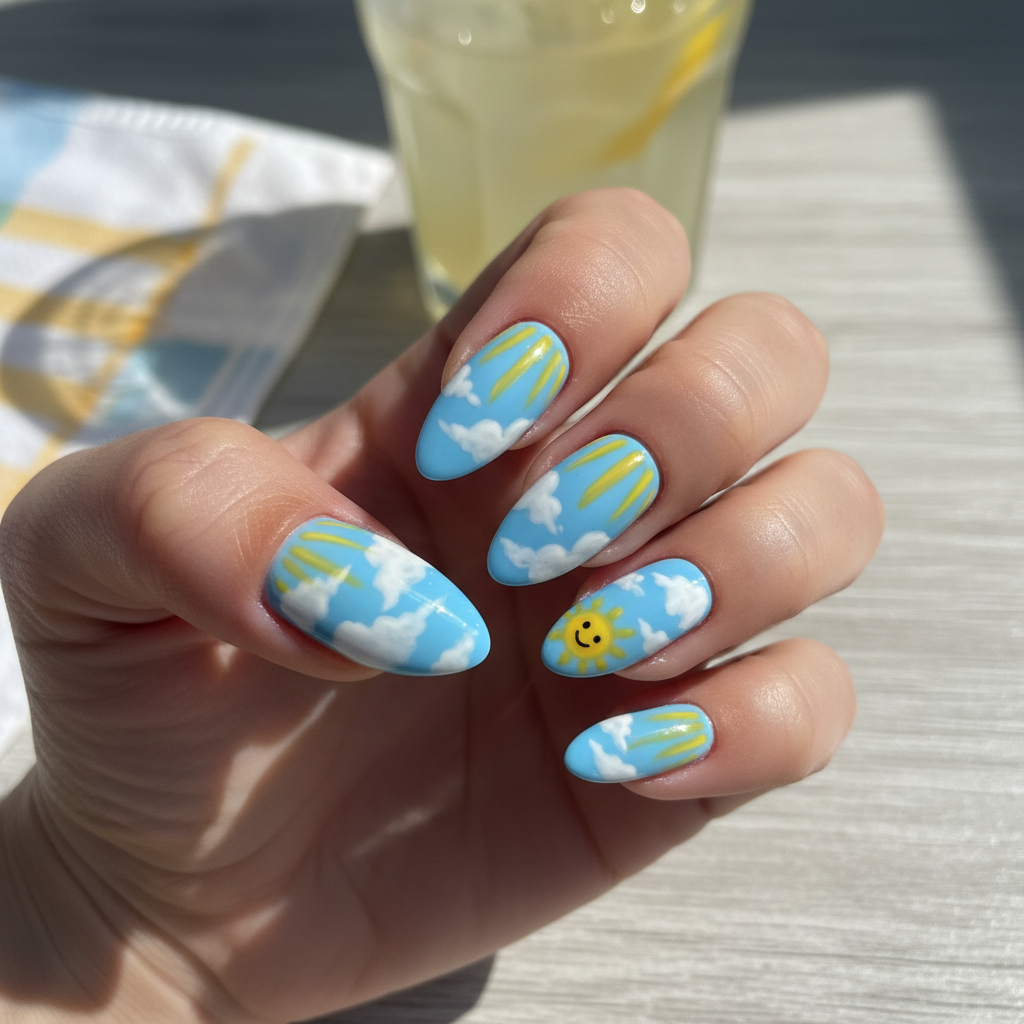 Summer Blue White Clouds Yellow Sun Summer Nails