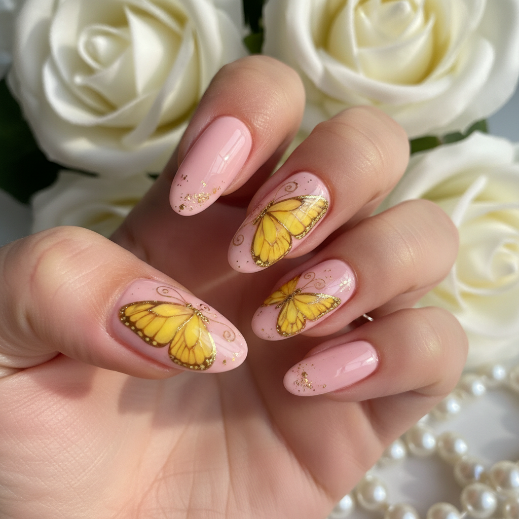 Butterfly Pink Yellow Wings Gold Antenna Butterfly Nails