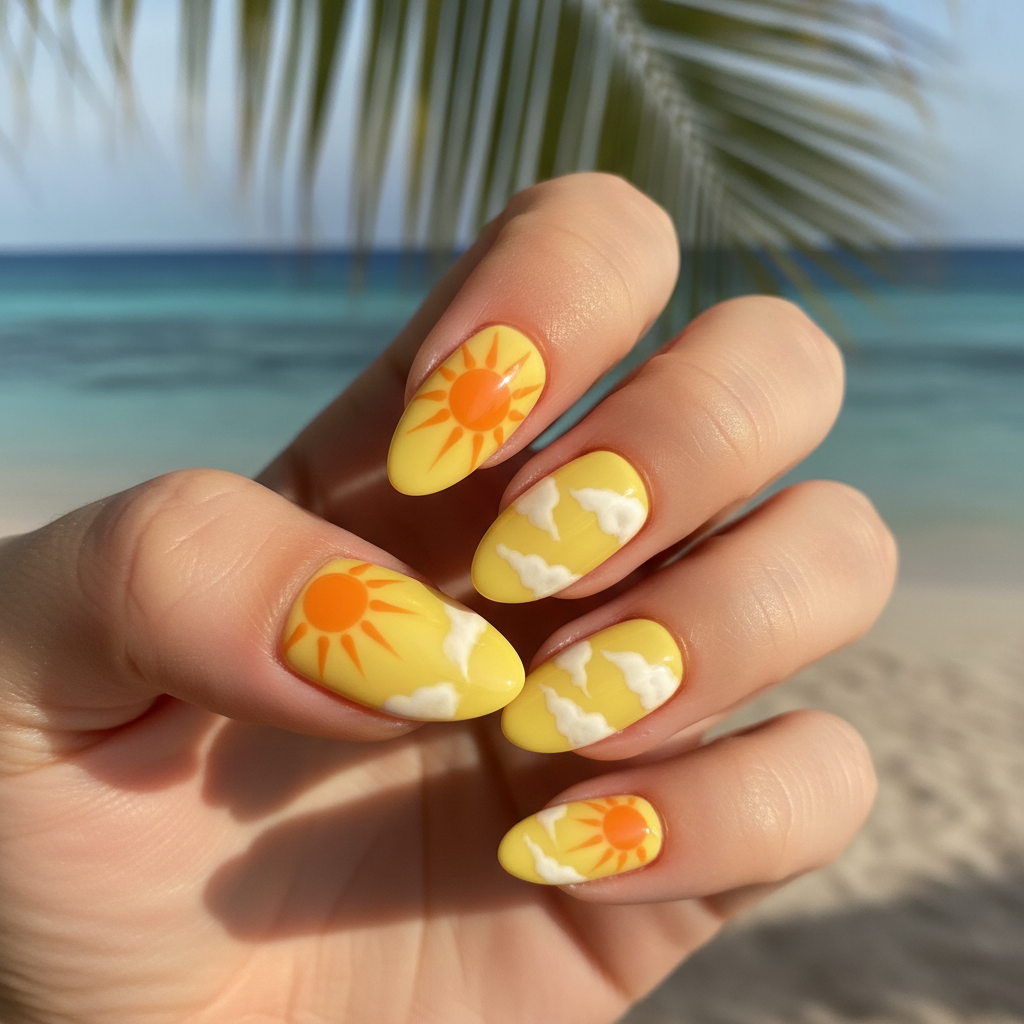 Yellow Orange Sun White Cloud Summer Nails
