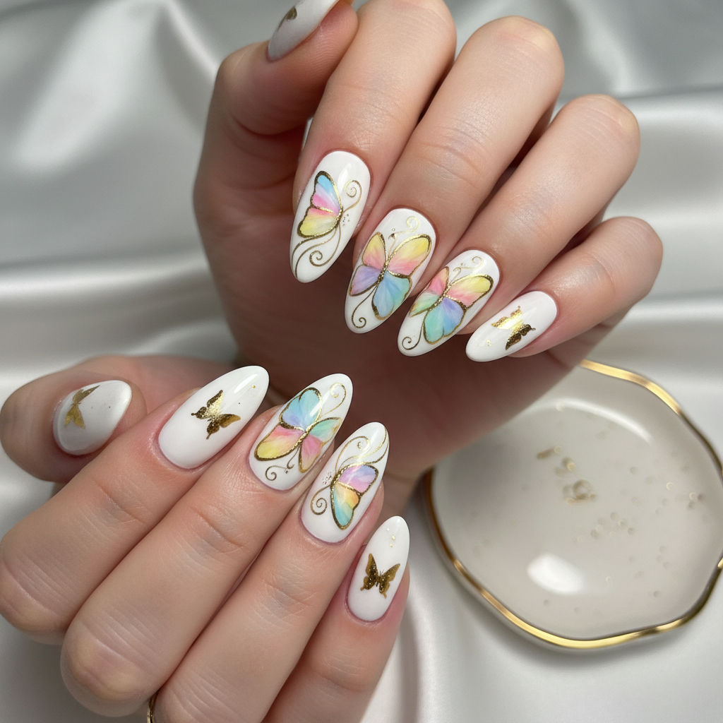 White Colorful Butterfly Wings Gold Antenna Butterfly Nails