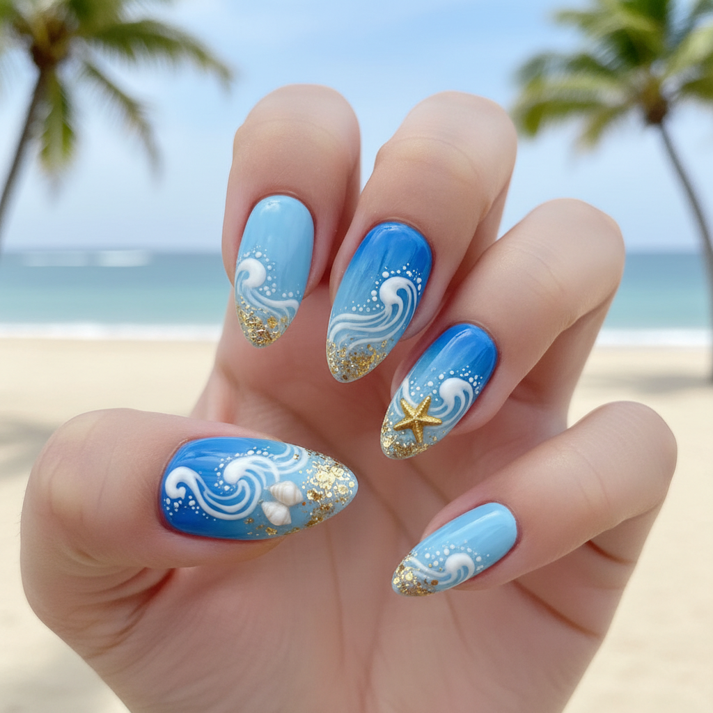 Beach Summer Blue Gradient White Waves Summer Nails