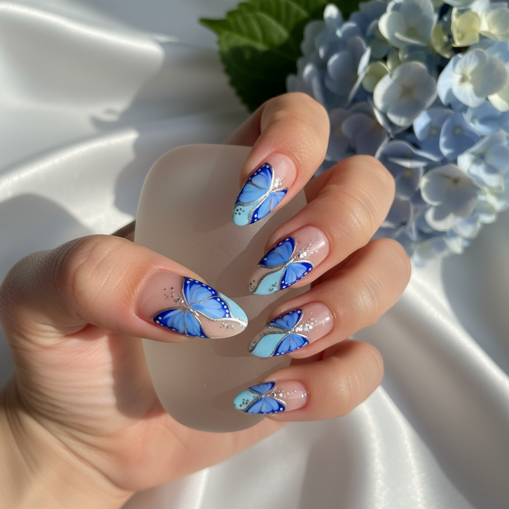 Butterfly Nude Blue Silver Glitter Butterfly Nails