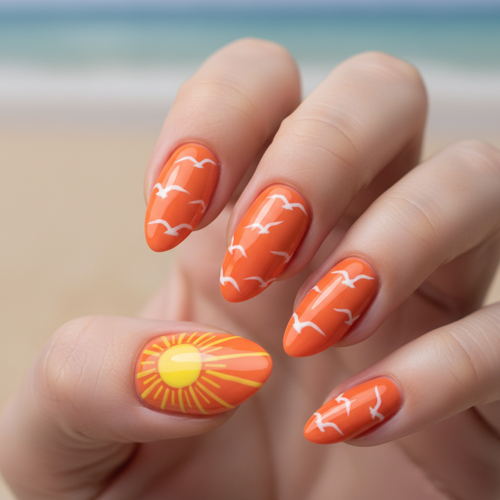 Orange Yellow Sun White Seagull Silhouettes Summer Nails
