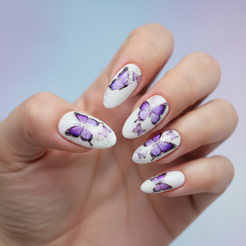 White Purple Butterfly Silver Glitter Wings Butterfly Nails