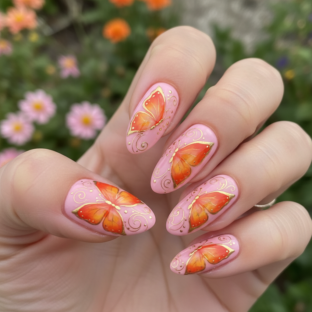 Colorful Butterfly Pink Orange Wings Gold Butterfly Nails