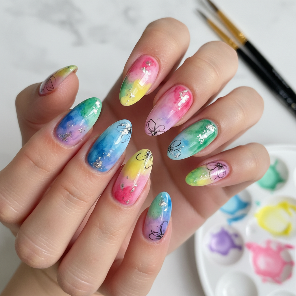 Beautiful Photo-real Salon Watercolor Nails