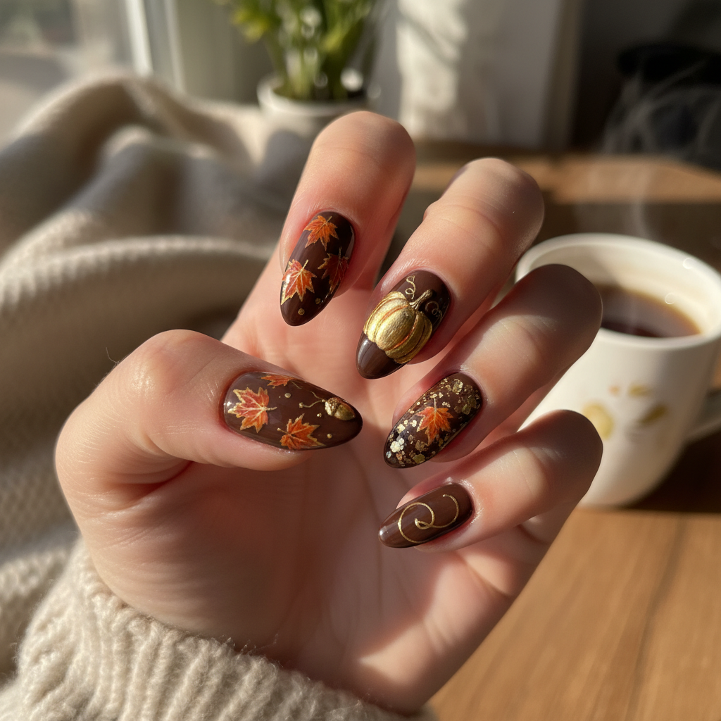 Deep Brown Orange Leaves Gold Pumpkin Fall/Autumn Nails