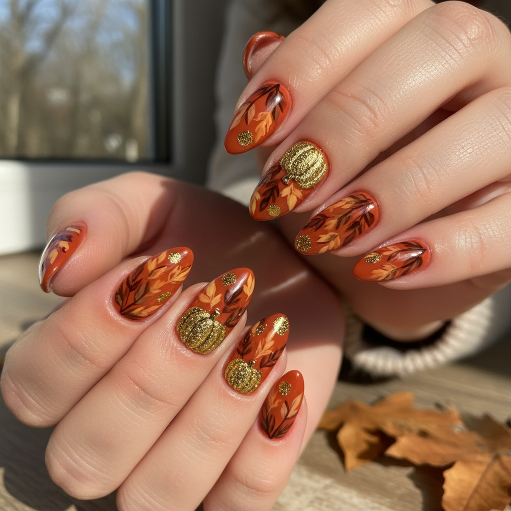Orange Brown Leaves Gold Pumpkin Fall/Autumn Nails