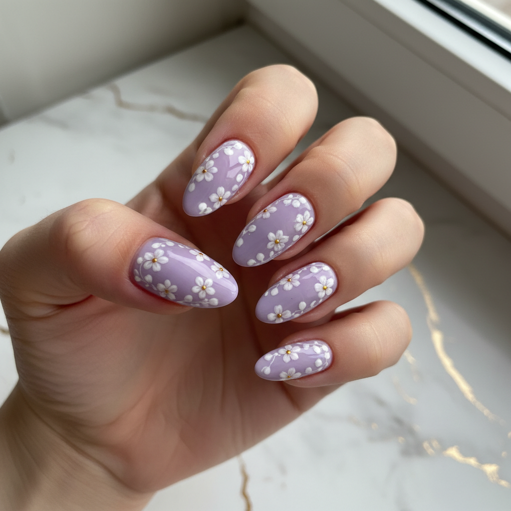 Pastel Purple White Florals Purple Nails