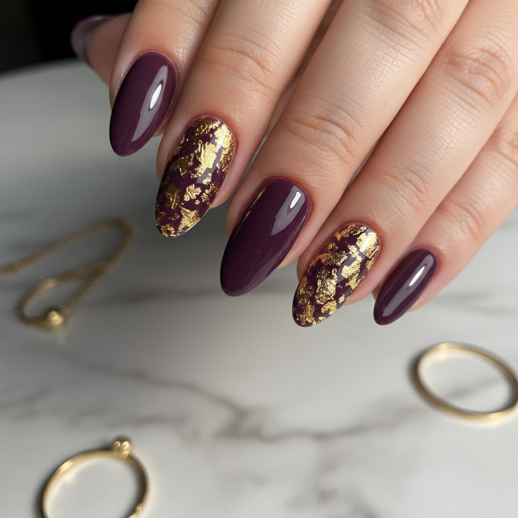 Deep Plum Gold Foil Purple Nails