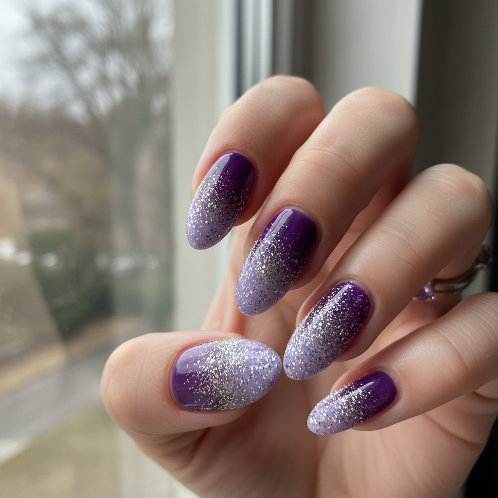 Purple Ombr Silver Glitter Purple Nails