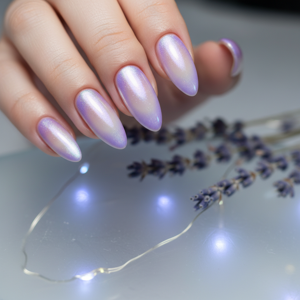 Lavender Chrome Aura Purple Nails
