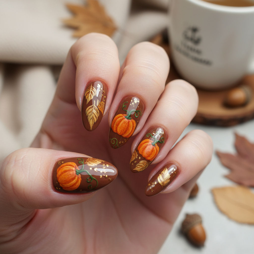 Brown Orange Pumpkins Gold Autumn Leaves Fall/Autumn Nails