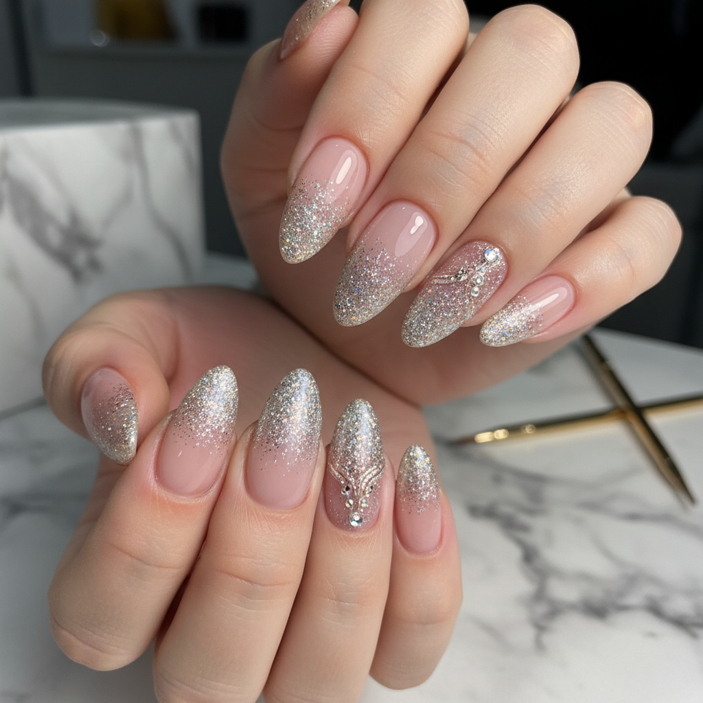 Sophisticated Photo-real Salon Glitter Application Nails