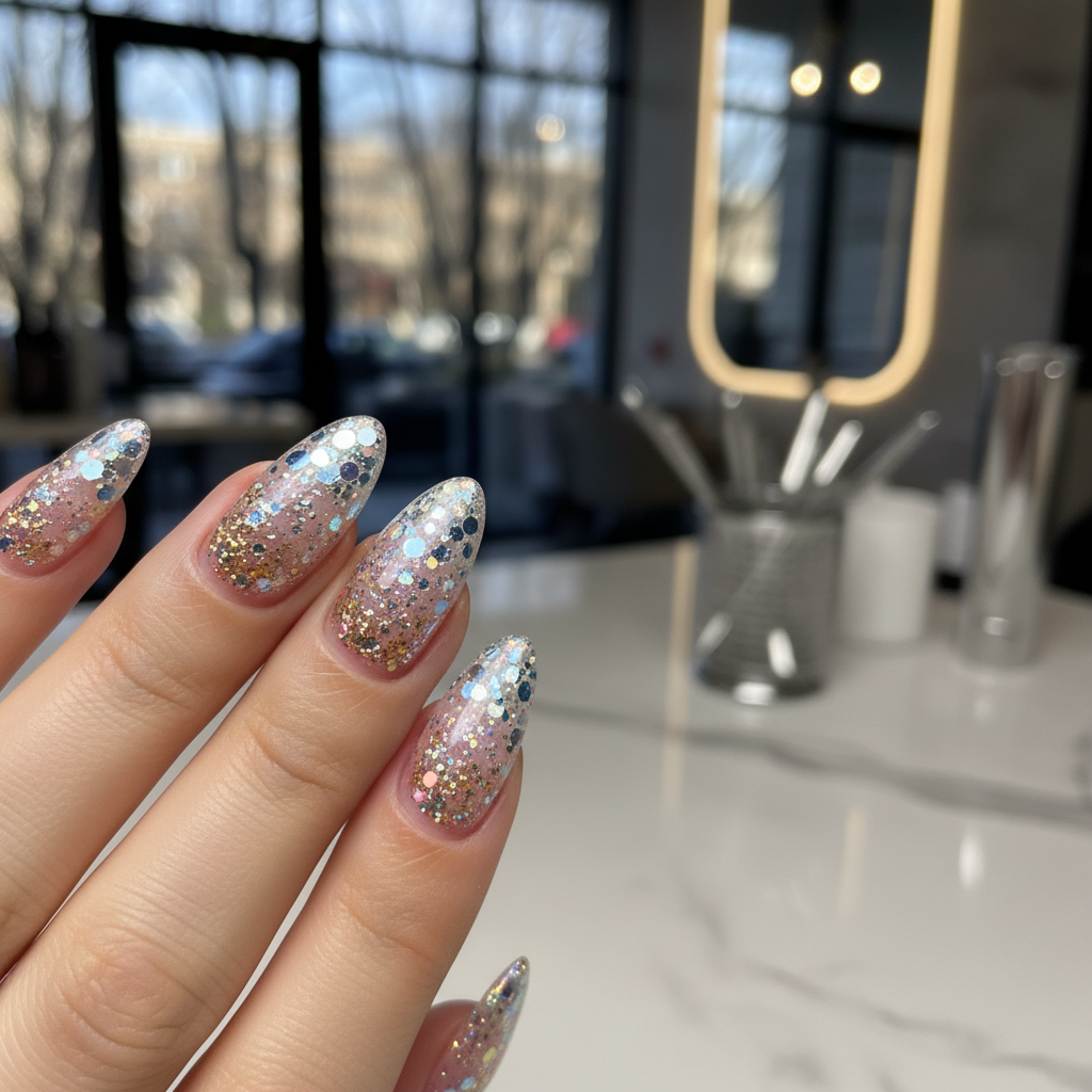 Stunning Photo-real Salon Glitter Application Nails