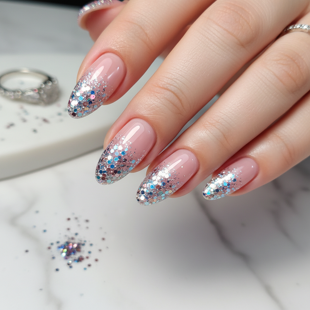 Beautiful Photo-real Salon Glitter Application Nails