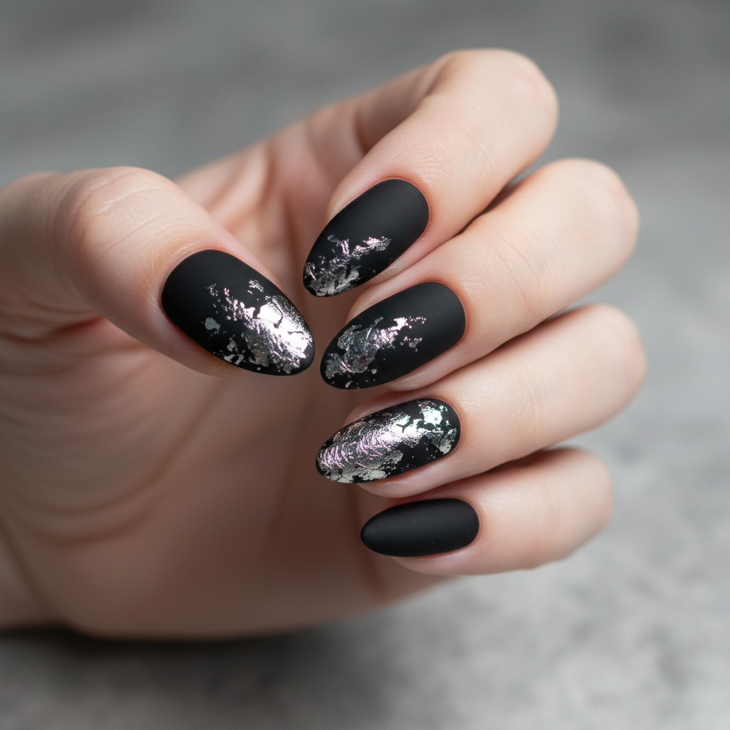 Matte Black Silver Foil Nail Style Nails