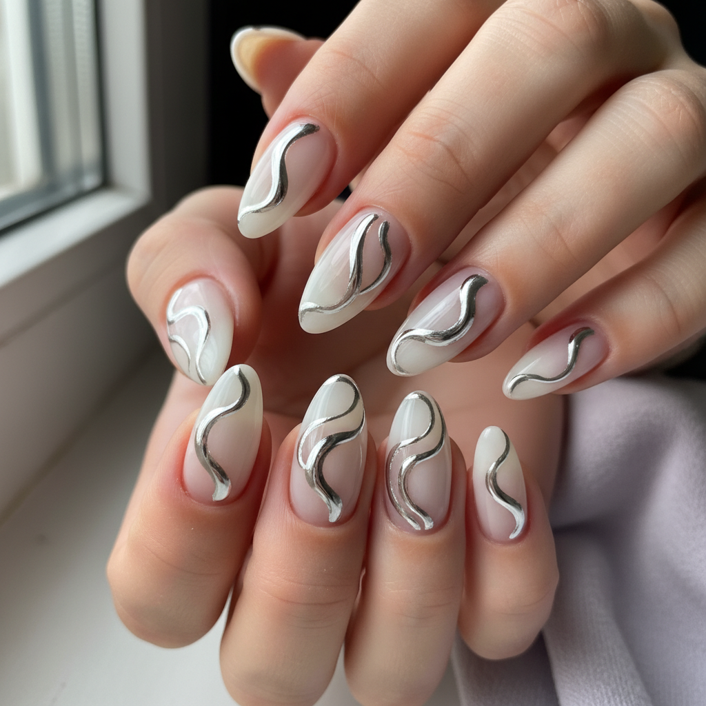 Milky Chrome Swirls Nail Style Nails