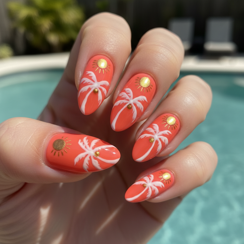 Bright Coral White Palm Trees Gold Summer Nails