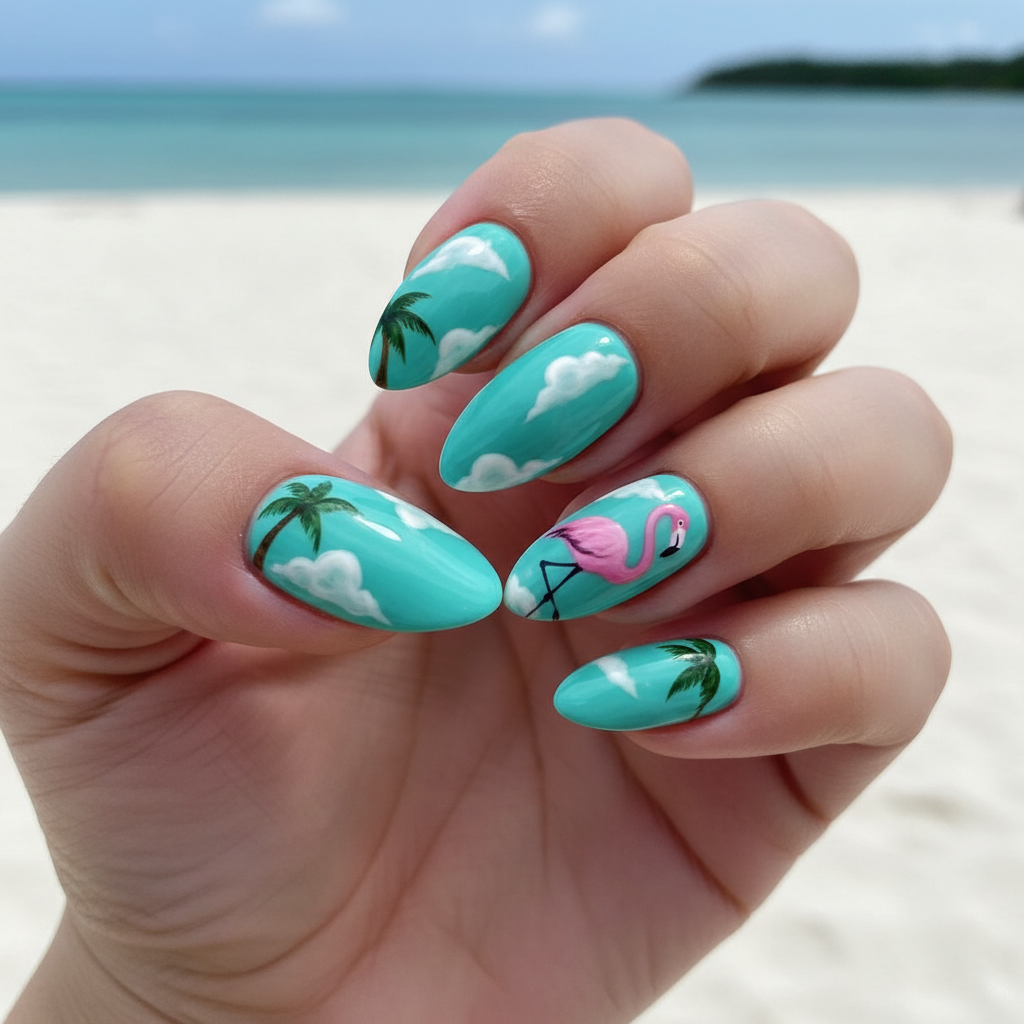 Tropical Summer Turquoise Pink Flamingos White Summer Nails