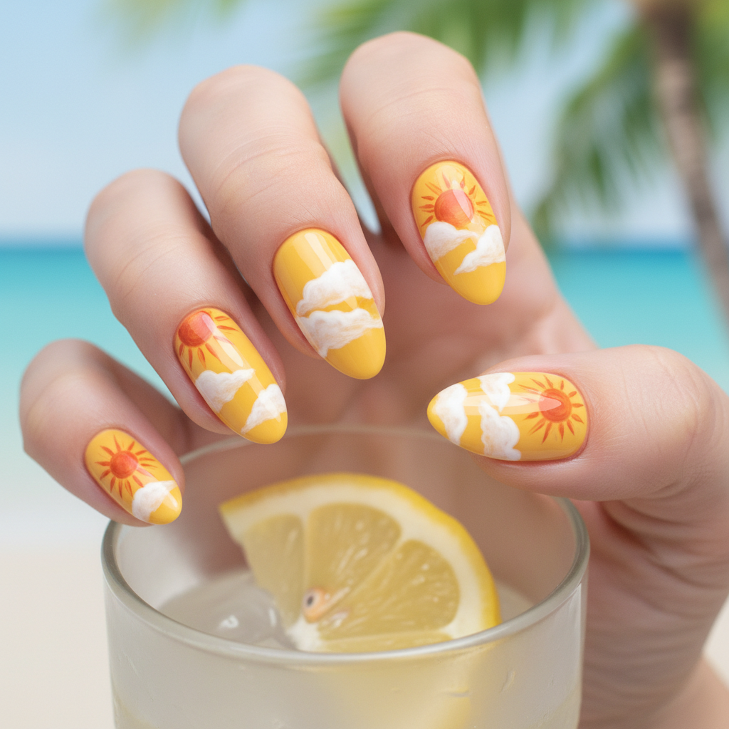 Yellow Orange Sun White Cloud Summer Nails