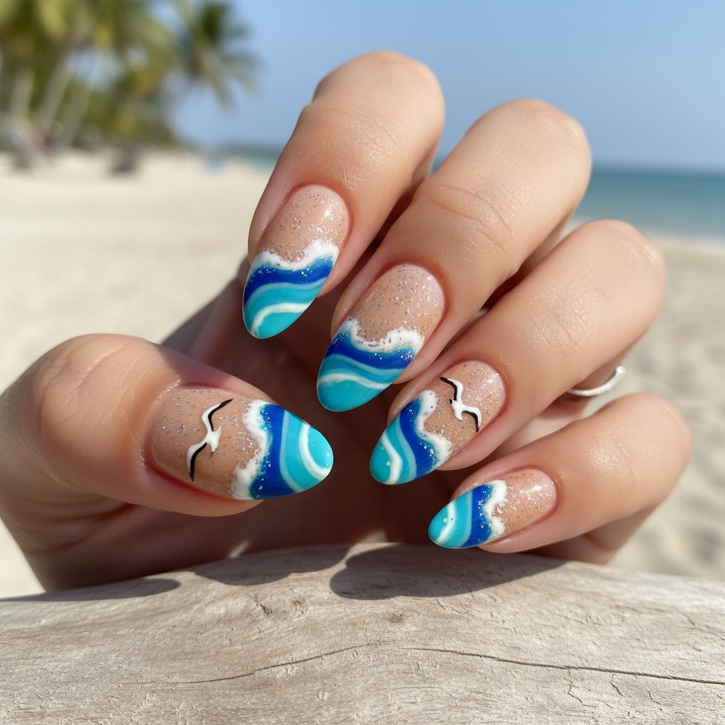 Sand-colored Blue Waves White Seagull Summer Nails