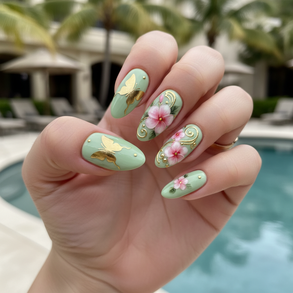 Tropical Summer Green Pink Flowers Gold Summer Nails