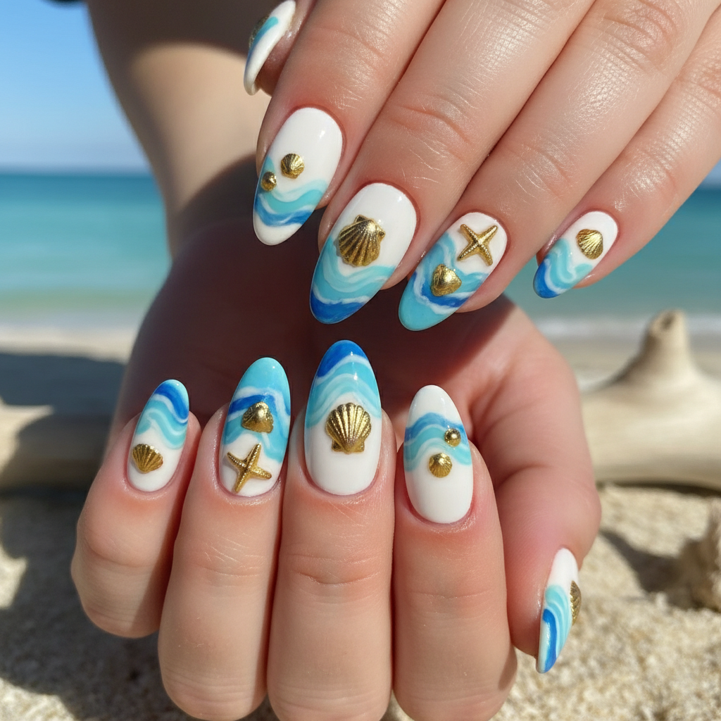 Beach Summer White Blue Waves Gold Summer Nails
