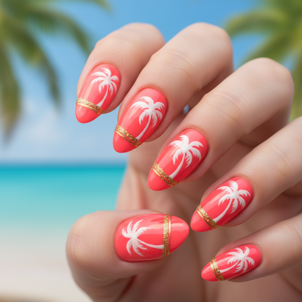 Bright Coral White Palm Trees Gold Summer Nails