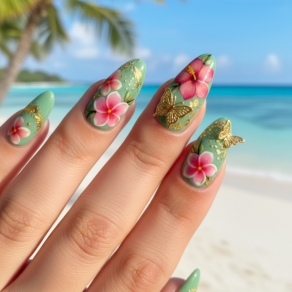 Tropical Summer Green Pink Flowers Gold Summer Nails