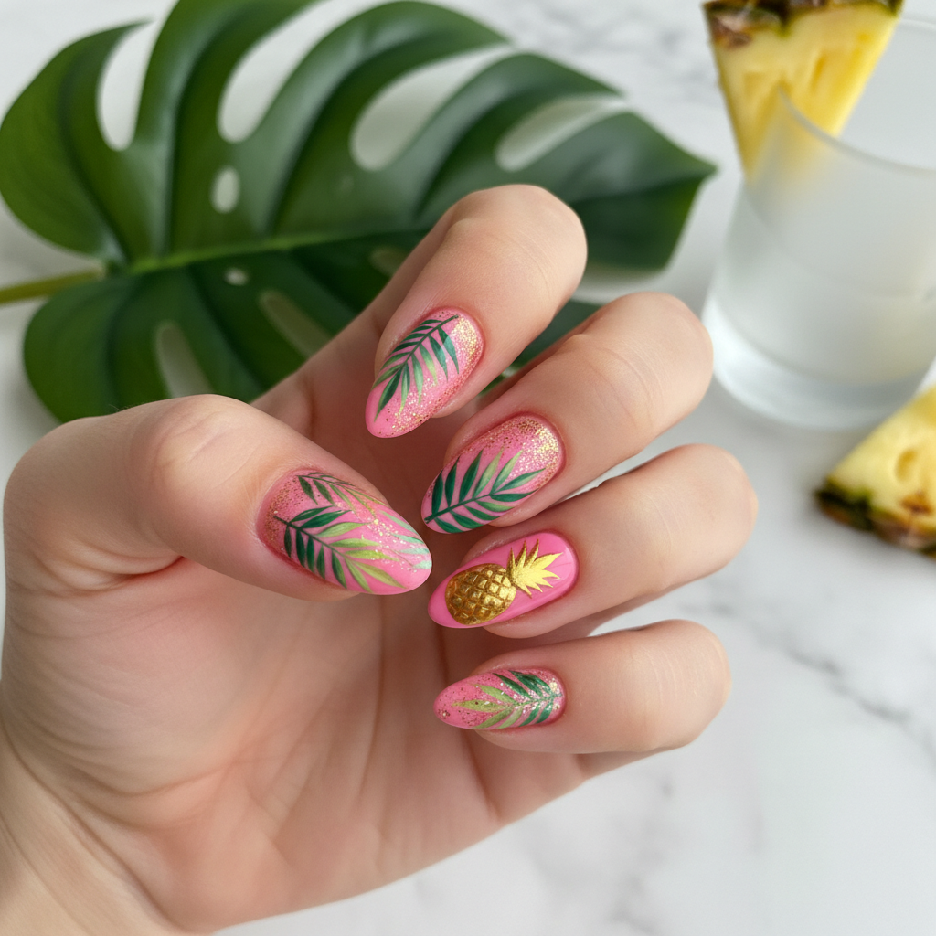 Tropical Summer Pink Green Palm Leaves Summer Nails