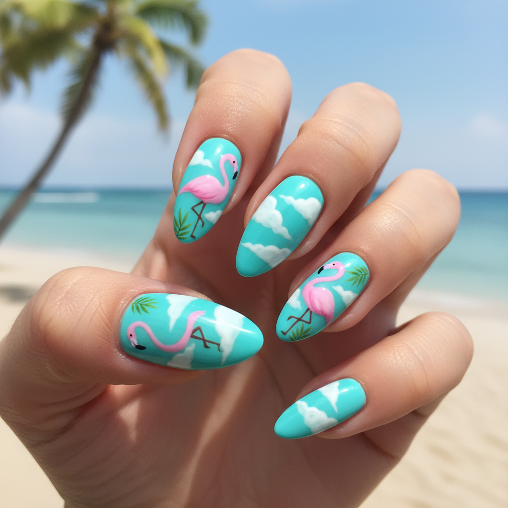 Tropical Summer Turquoise Pink Flamingos White Summer Nails