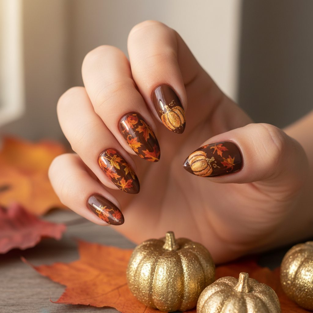 Deep Brown Orange Leaves Gold Pumpkin Autumn Nails