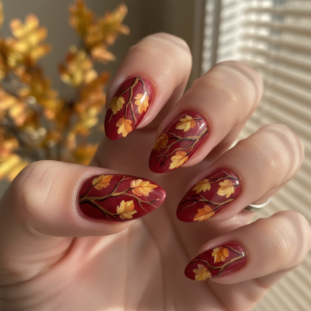 Fall Deep Red Yellow Leaves Brown Autumn Nails