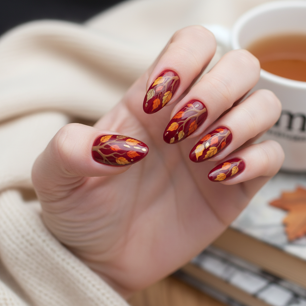 Fall Deep Red Yellow Leaves Brown Autumn Nails